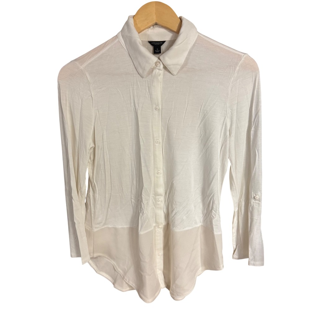Ann Taylor Womens Cream Mixed Media Button Down Tunic Blouse Small Long Sleeve